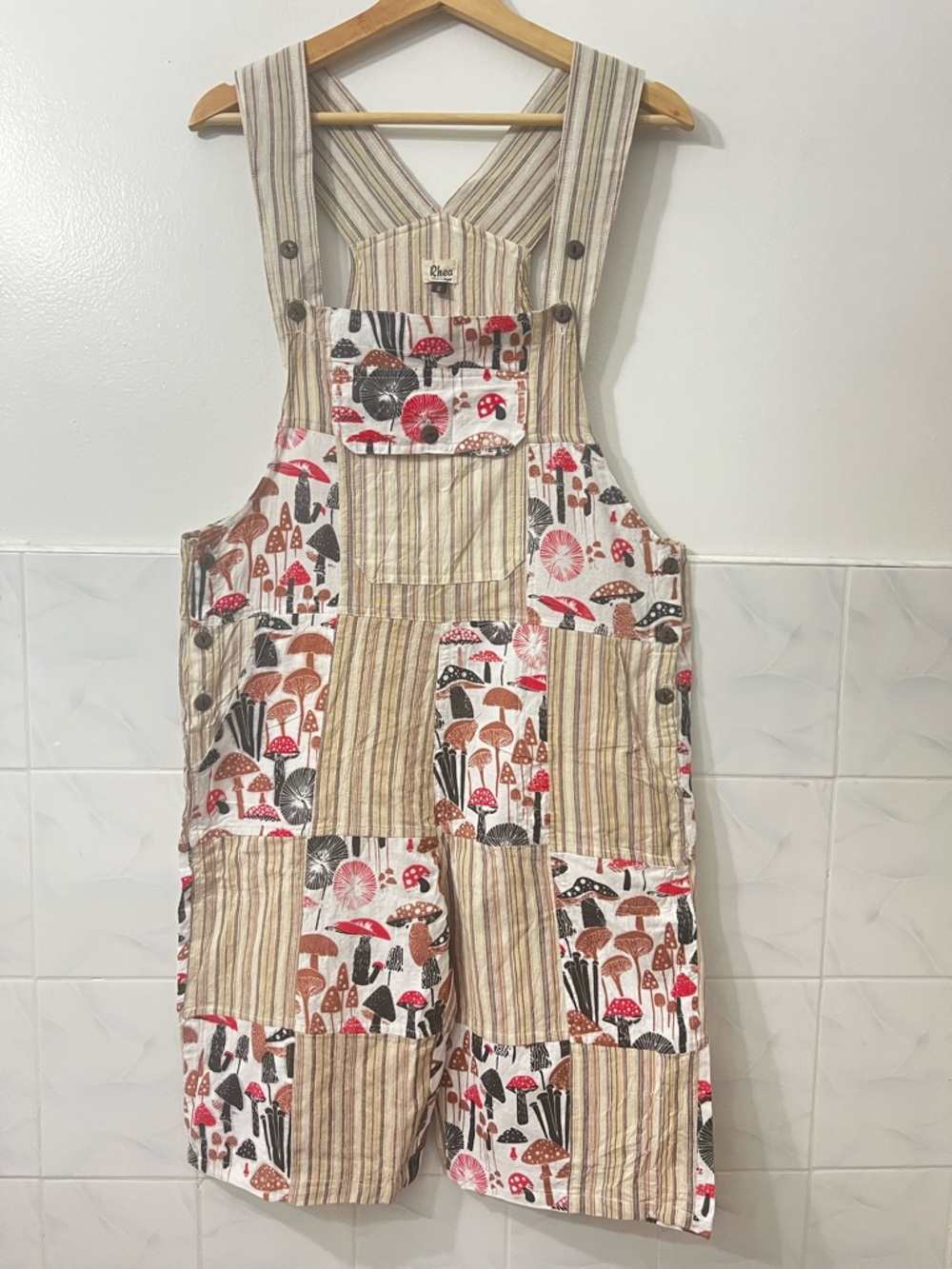 Women's Mushroom Patchwork Short Overalls in Beige & Red NWT